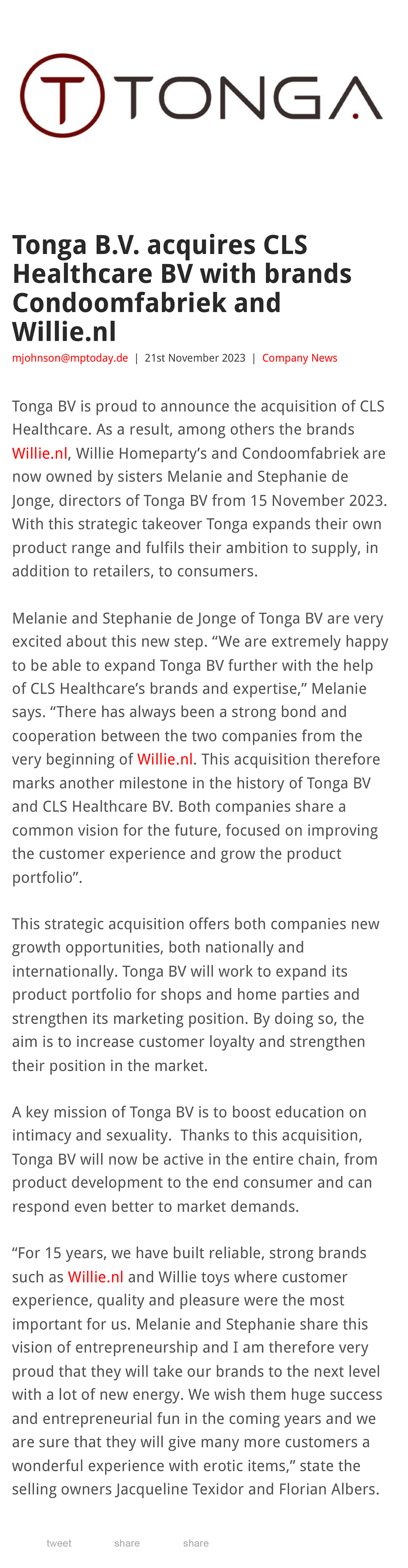 2023-11 EAN Online - Tonga BV acquires CLS Healthcare BV with brands Condoomfabriek and Willie nl